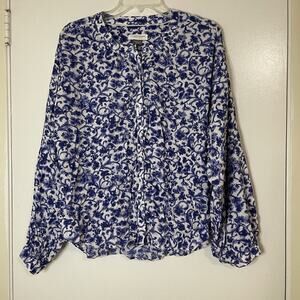 ANTHROPOLOGIE Pilcro blue floral damask button down long sleeve blouse top MED
